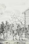 Группа солдат и офицеров около деревянной избы, 1812 г.